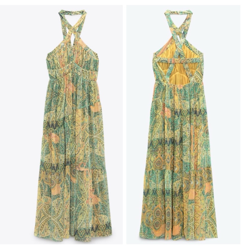 Zara Green and Yellow Paisley Backless Halter Dress Open Criss Cross Back Maxi